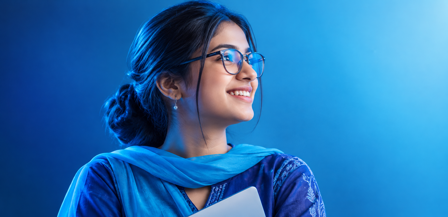 Optimistic Blue Portrait with Laptop
